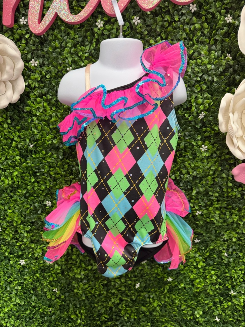 Glamour Pink Black Lime Blue Argyle Ruffle Dance Costume